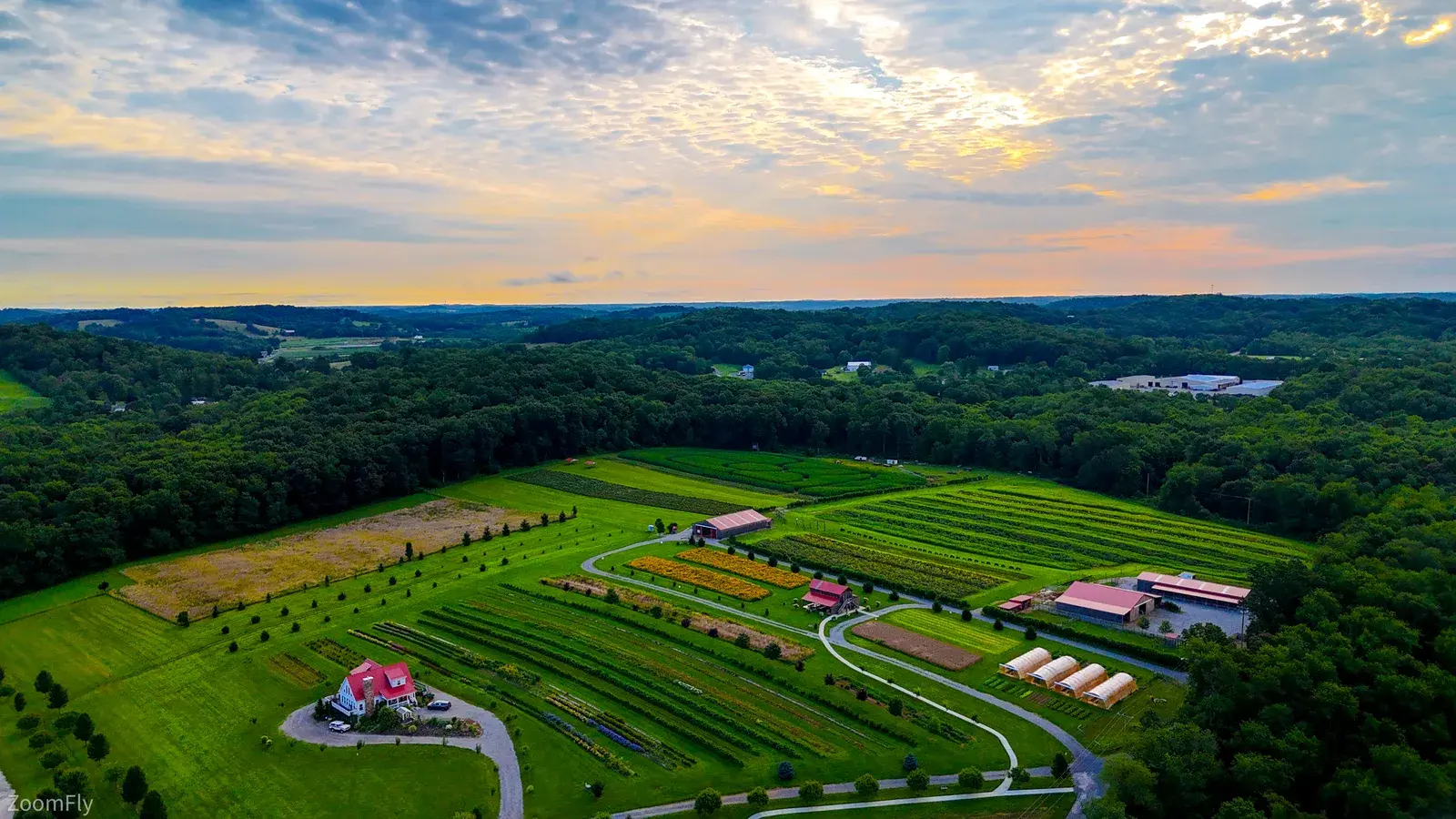 Aerial photo of a farm at sunset in Western Pennsylvania
